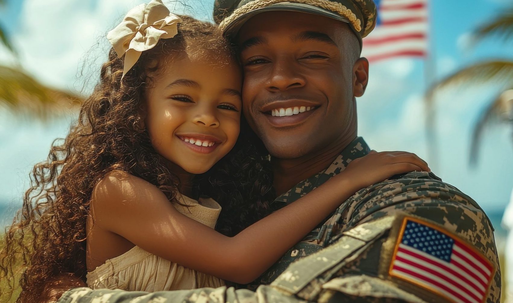 A joyful reunion between a Black military father and his daughter in a tropical setting with an American flag in the background, symbolizing love, patriotism, and family bonds. veteran with his daughter in hawaii A joyful reunion between a Black military father and his daughter in a tropical setting with an American flag in the background, symbolizing love, patriotism, and family bonds.