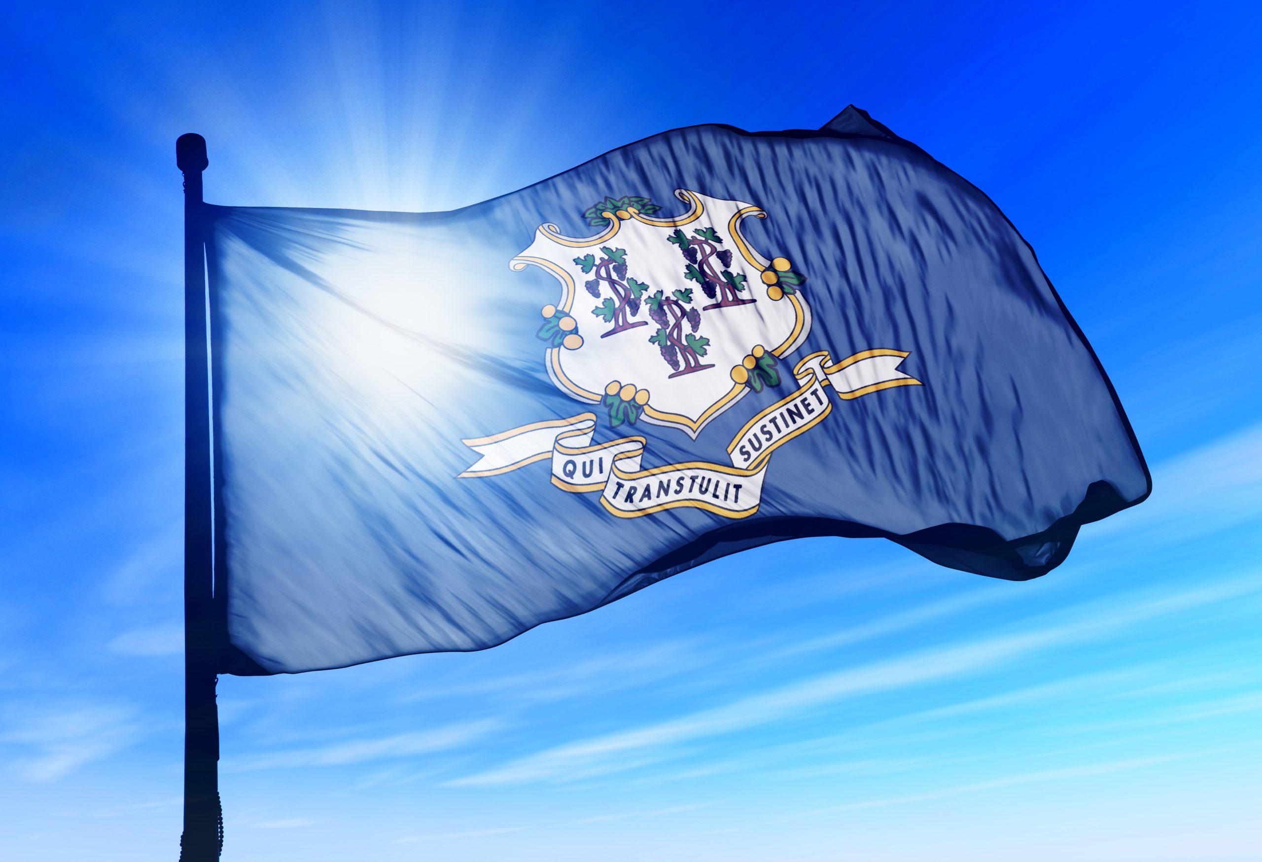 Connecticut (USA) flag waving on the wind colorful colorado welcome sign
