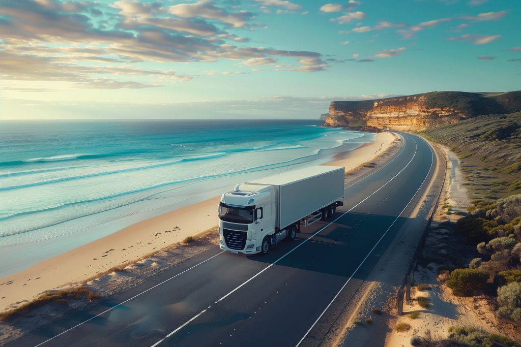 White semi truck for enclosed car shipping of specialty and classic cars on freeway.