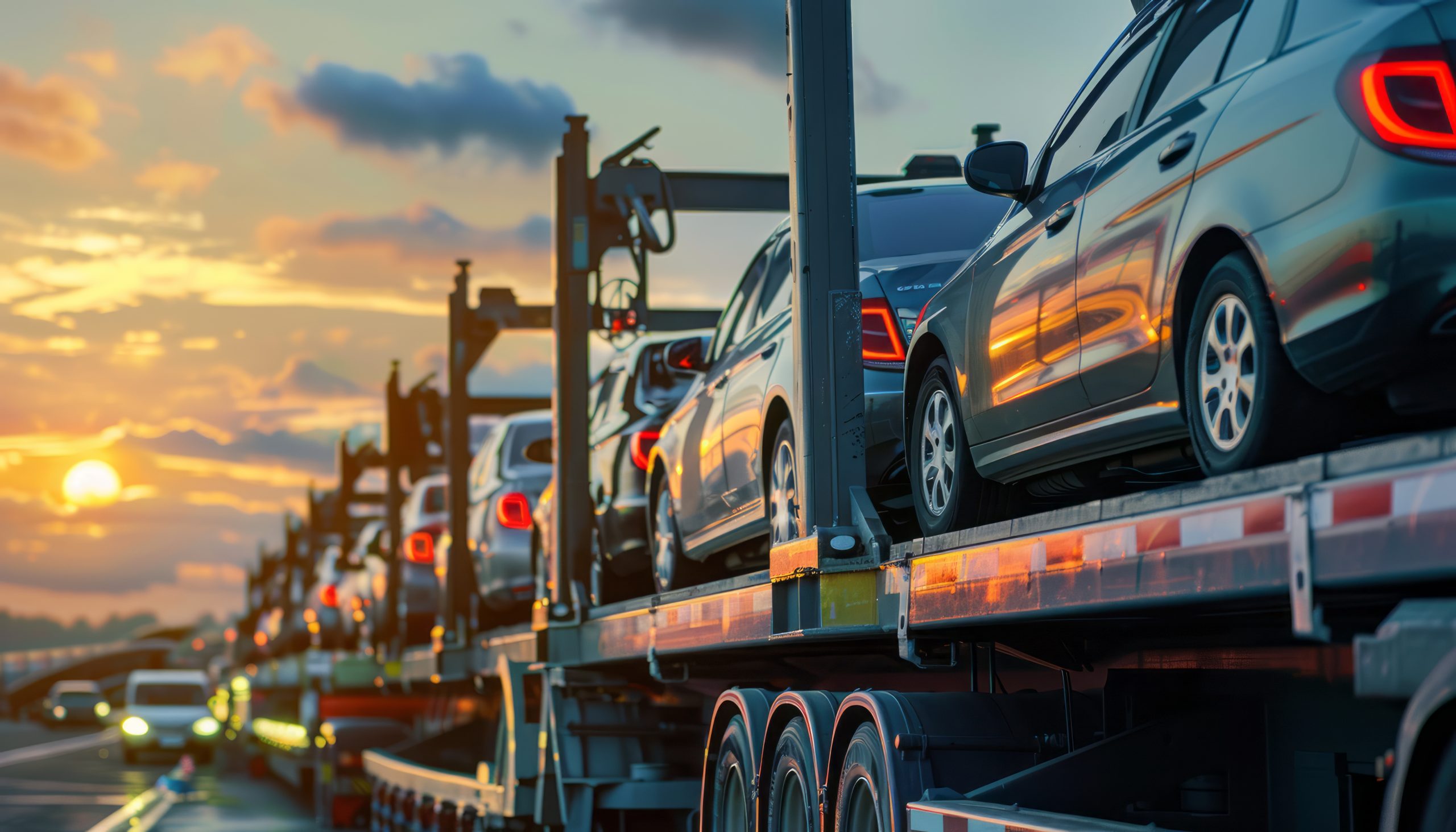 Car Transport Truck Loaded With Cars During Golden Hour Sunset A large car transport truck drives down a highway in Delaware with car shipping services at sunset, carrying a load of new cars. The sun is setting behind the truck, casting a warm glow on the vehicles. The truck is traveling on a paved road with other vehicles in the distance.