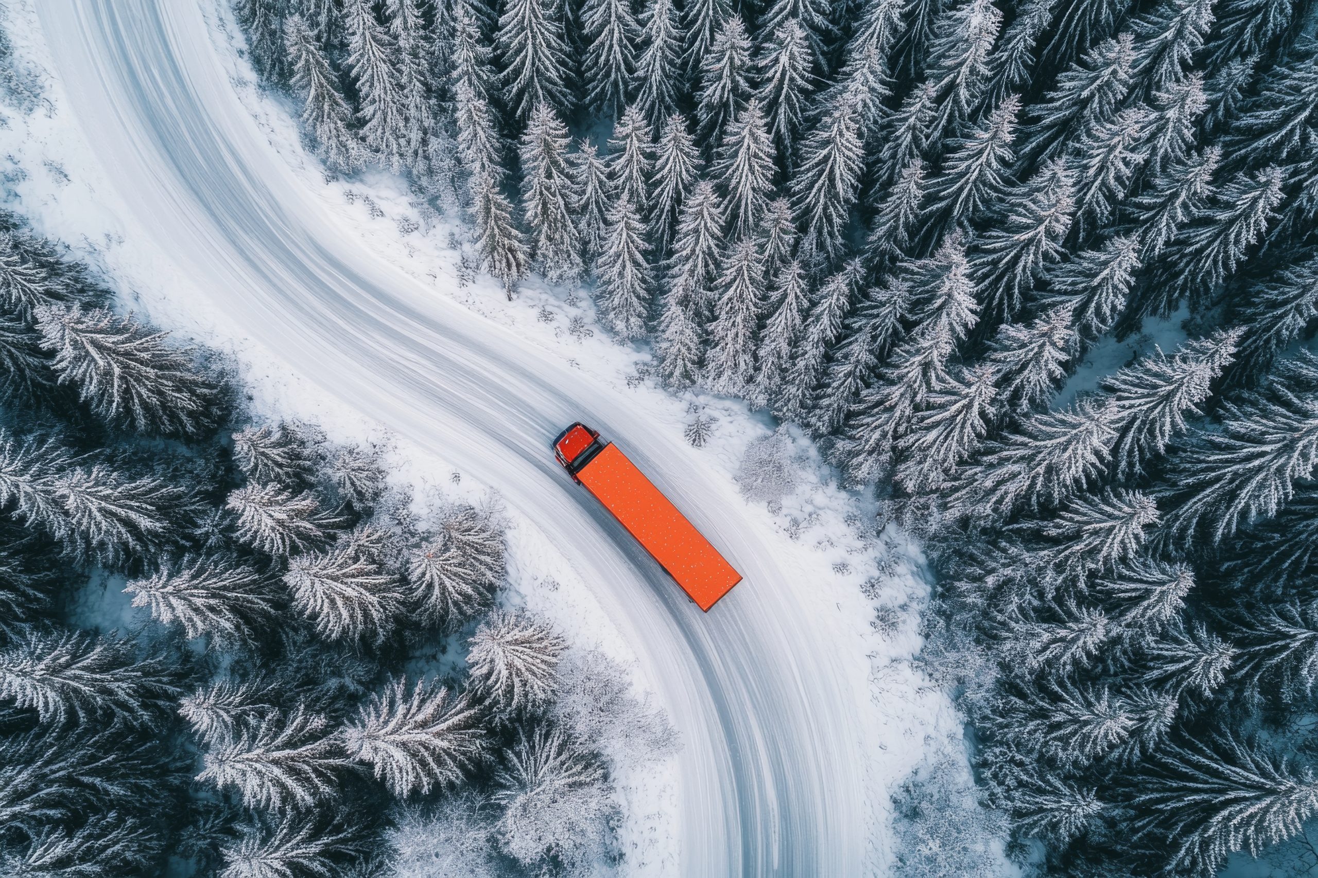 Cargo-Truck-Icy An Orange Cargo Truck Maneuvering on a Snow-Covered Winding Road with Snow & Ice for its corporate car shipping transport load