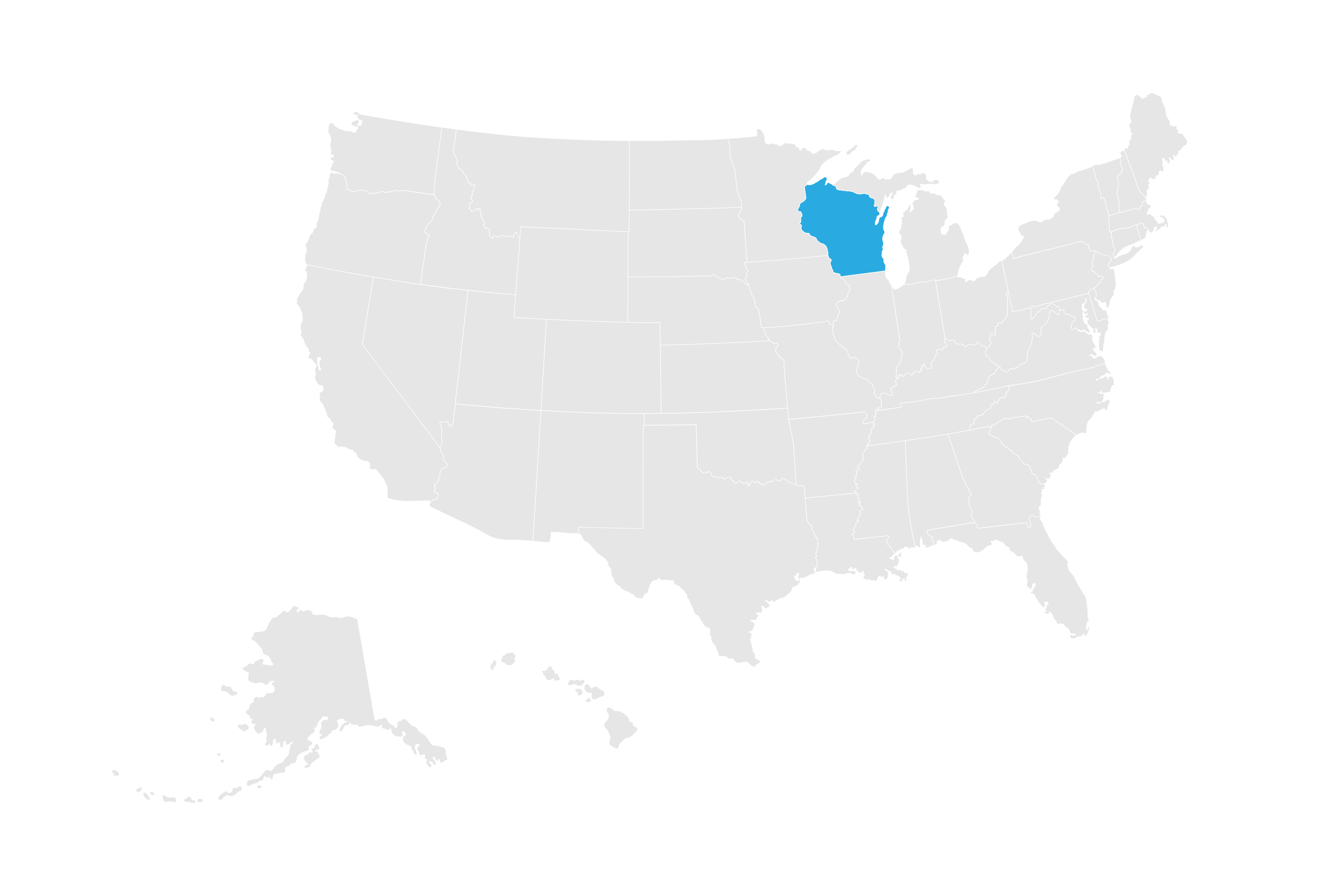 Wisconsin-map Map of Wisconsin to demonstrate direct connect auto transport's car shipping locations the map is of the united states - every state is gray outside of Wisconsin, which is highlighted in blue