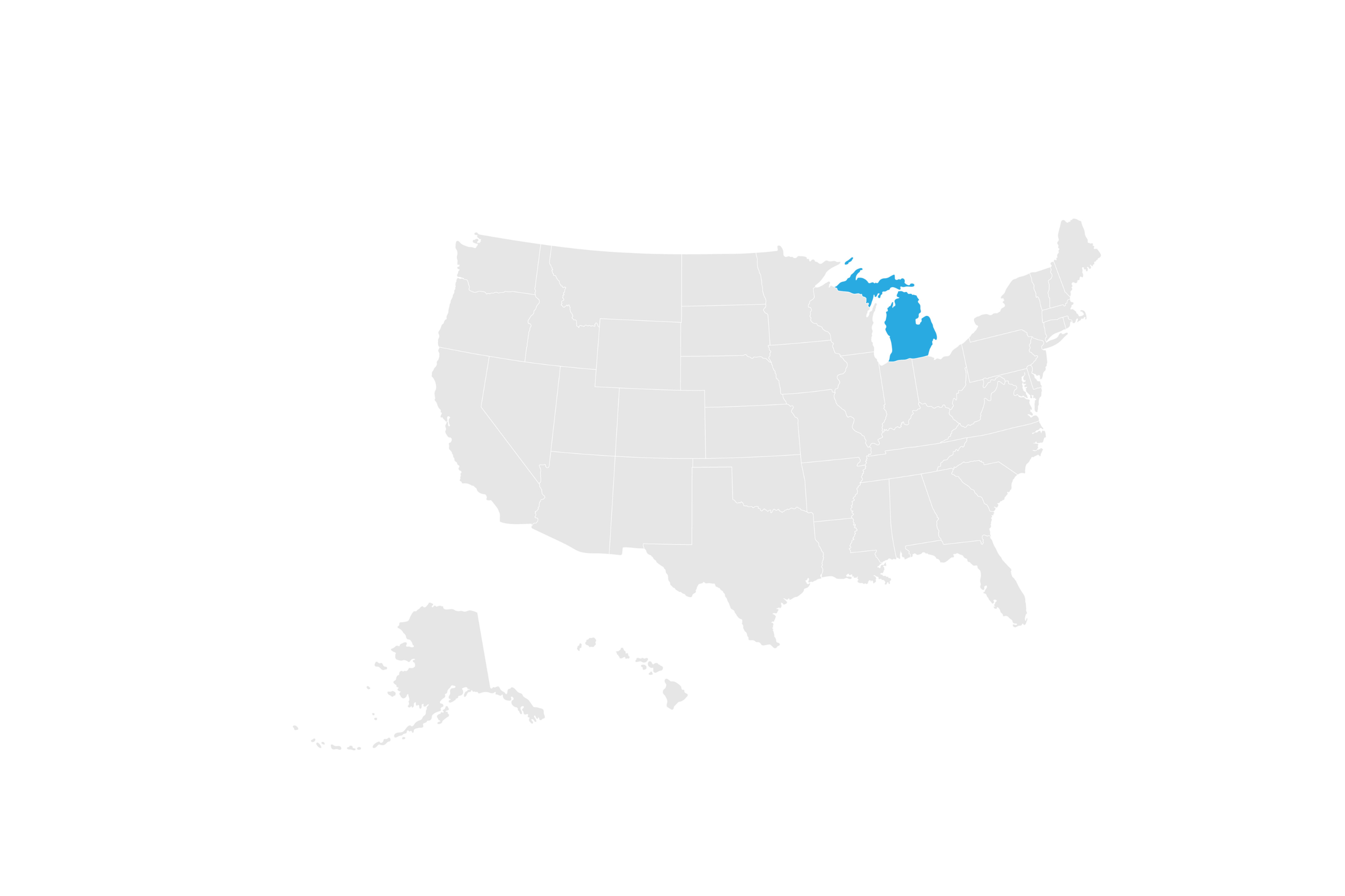 Michigan car shipping Map of Michigan to demonstrate direct connect auto transport's car shipping locations the map is of the united states - every state is gray outside of Michigan, which is highlighted in blue