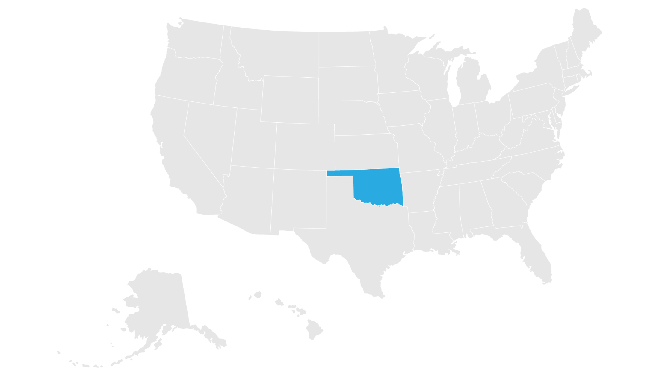 Map of Oklahoma to demonstrate direct connect auto transport's car shipping locations the map is of the united states - every state is gray outside of Oklahoma, which is highlighted in blue
