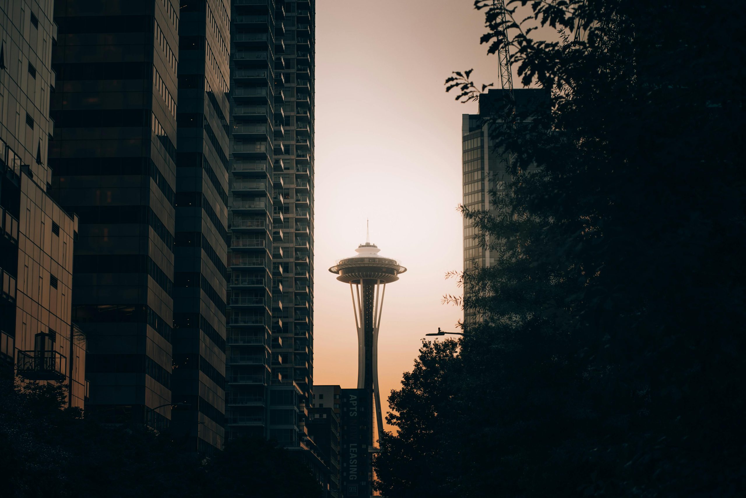 Photo of the space needle between buildings for Seattle, Washington Car Shipping